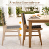 Solid teak outdoor dining chair with hand-woven straps, featuring armless design for space-saving under-table storage.