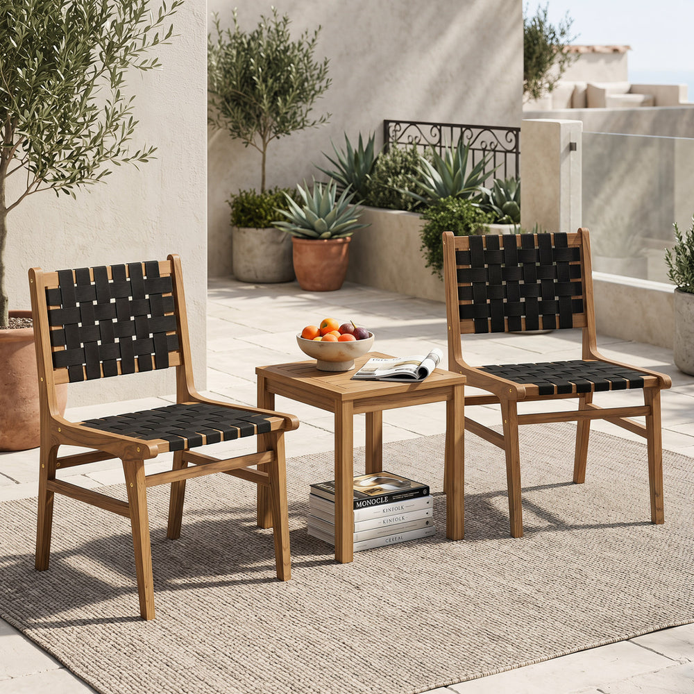 Hand-woven strap outdoor dining chairs in natural teak, featuring ergonomic design for patio and garden comfort.