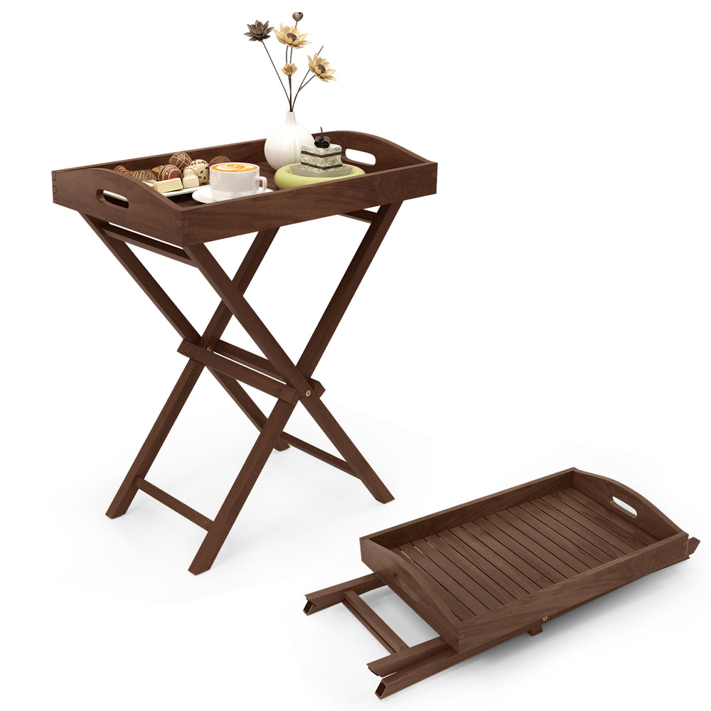 Solid teak wood tray table with removable top, featuring a foldable design and cut-out handles for easy portability.
