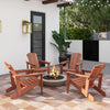 Solid wood Adirondack chairs with high backrests and wide armrests, perfect for outdoor patio relaxation around a fire.