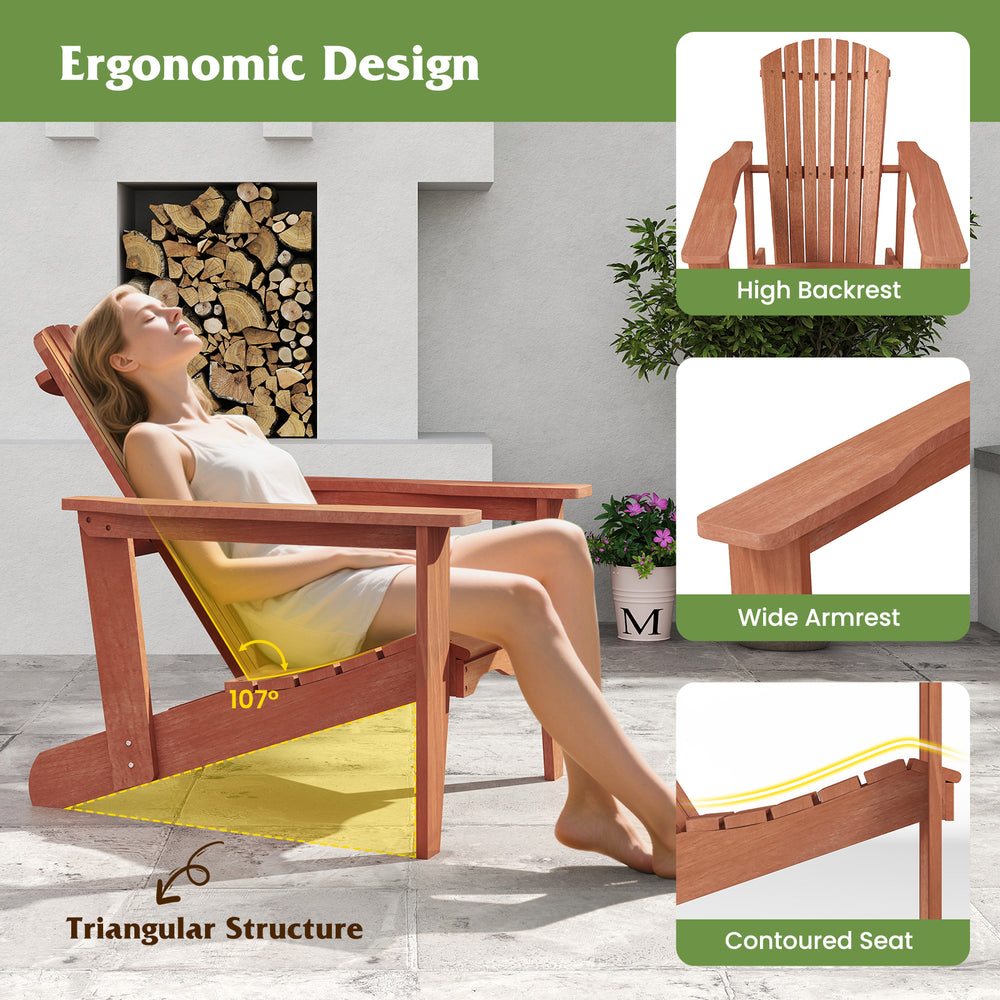 Solid wood Adirondack chair with high backrest and wide armrests, featuring ergonomic design for outdoor comfort.
