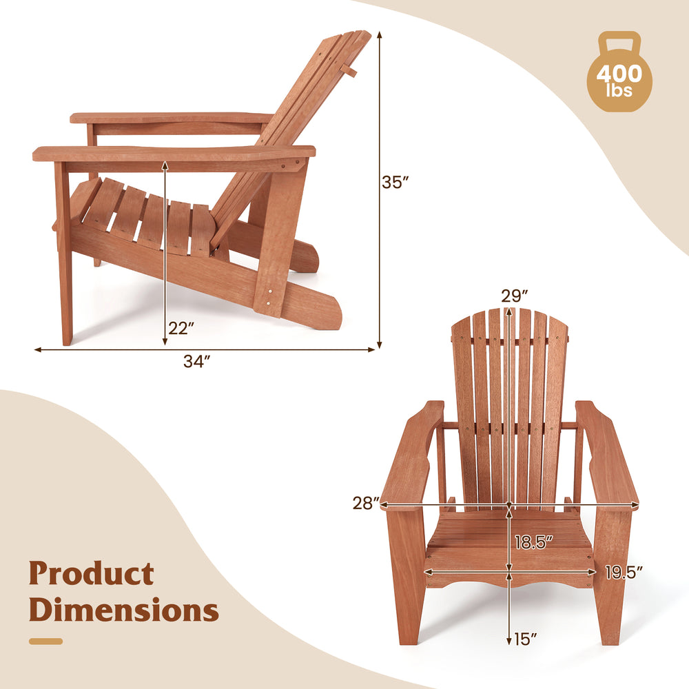 Solid wood Adirondack chair dimensions with high backrest and wide armrests, designed for outdoor comfort and support.