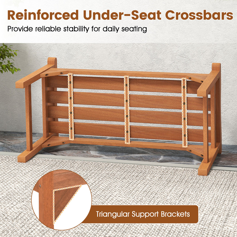Solid wood backless garden bench features ergonomic curved slatted seat and reinforced under-seat crossbars for stability.