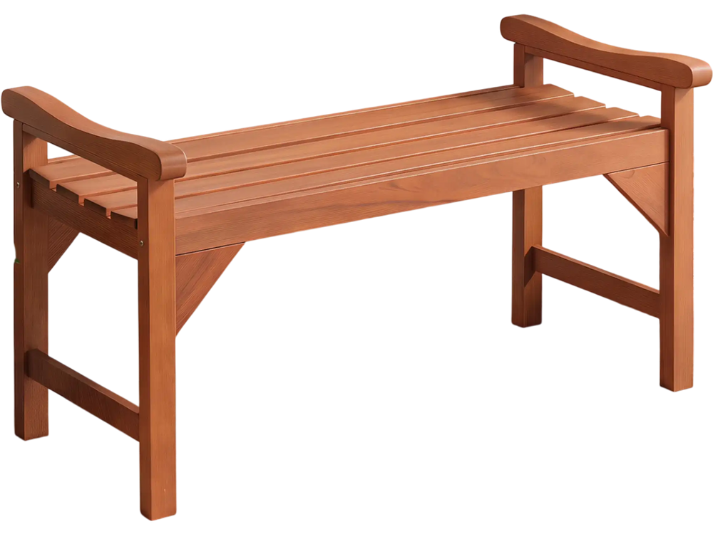 Backless solid wood garden bench with support handles and curved slatted seat, ideal for outdoor spaces like decks and patios.