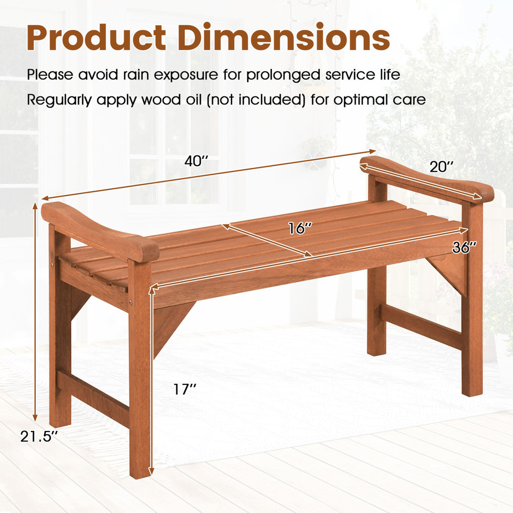 Solid wood backless garden bench with support handles and curved slatted seat, ideal for outdoor spaces like decks and gardens.