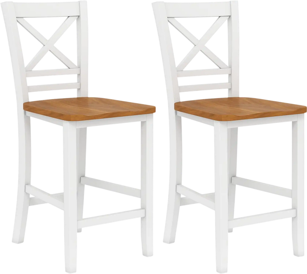 Set of 2 white solid wood bar stools with rubber wood frames and cross backrests, shown from the front.