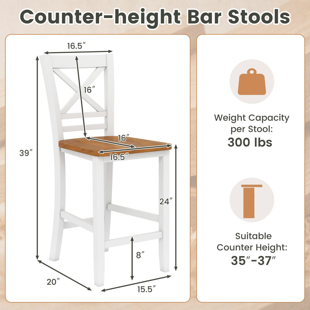White solid wood bar stool shown in a dimension chart, with rubber wood frame and cross backrest for counter-height seating.