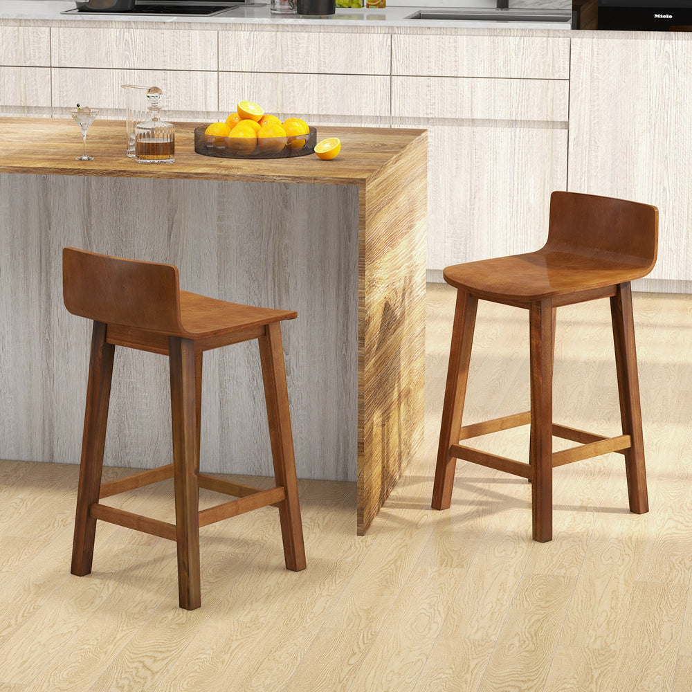 Wood Bar Stools Set of 2 with Solid Back and Seat-Brown - Gallery View 1 of 9