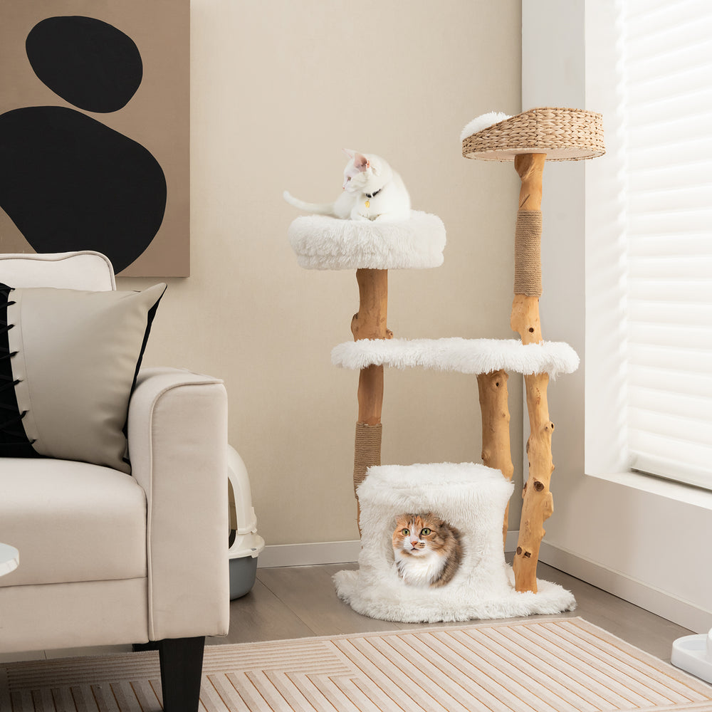 Solid wood cat tower with plush cushions, featuring a top cattail basket and spacious condo for indoor cats.