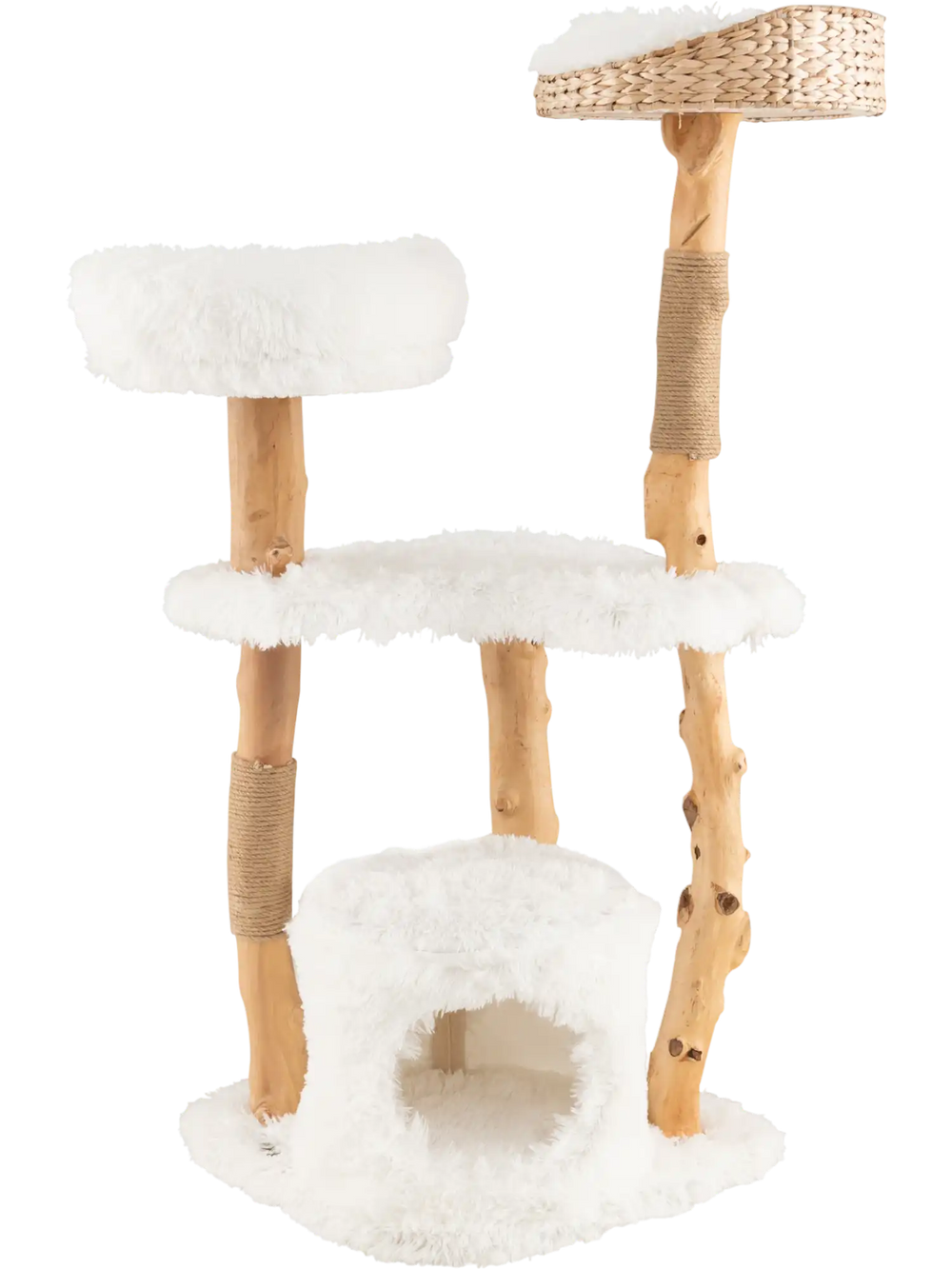 Solid wood cat tower in white with plush cushions, featuring a top cattail basket bed and spacious bottom condo for.