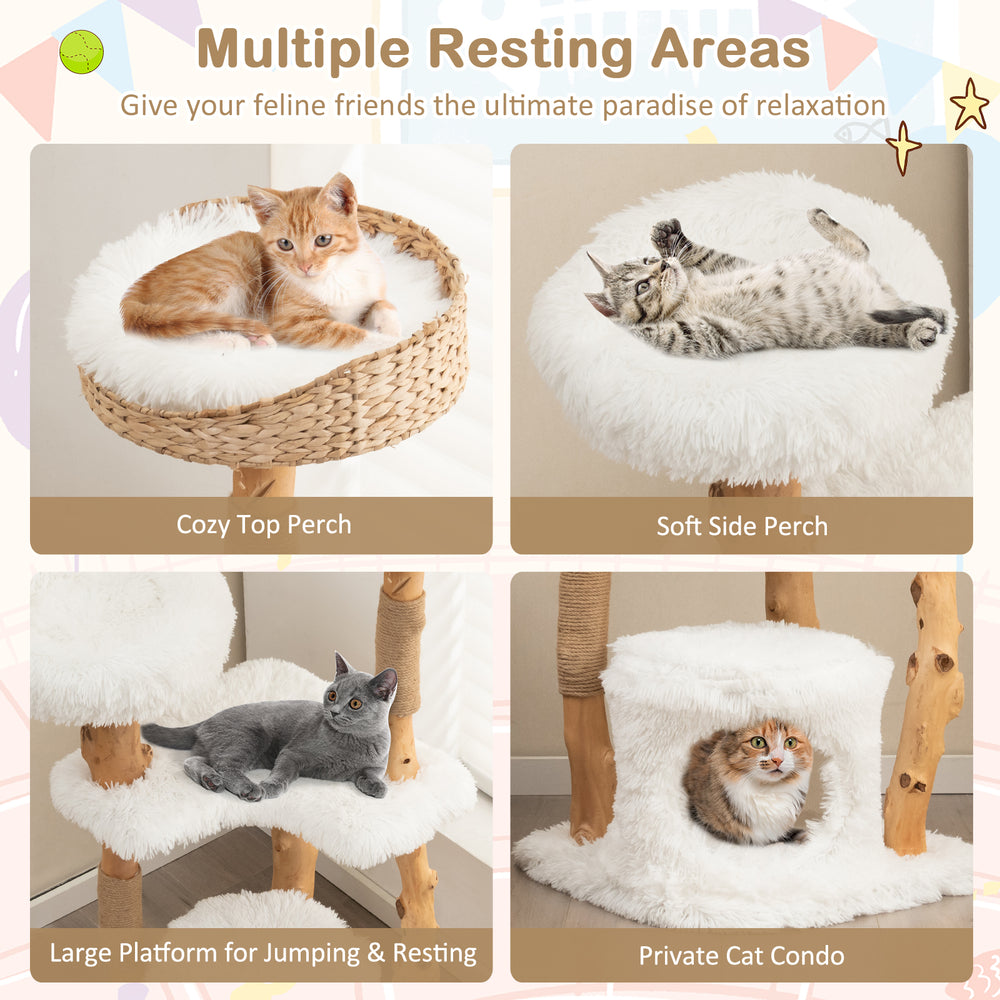 Cozy top perch and soft side perch of the solid wood cat tower with plush cushions for indoor cats' relaxation.