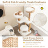 Solid wood cat tower featuring a hand-woven cattail basket bed, plush cushions, and jute rope scratching posts for.