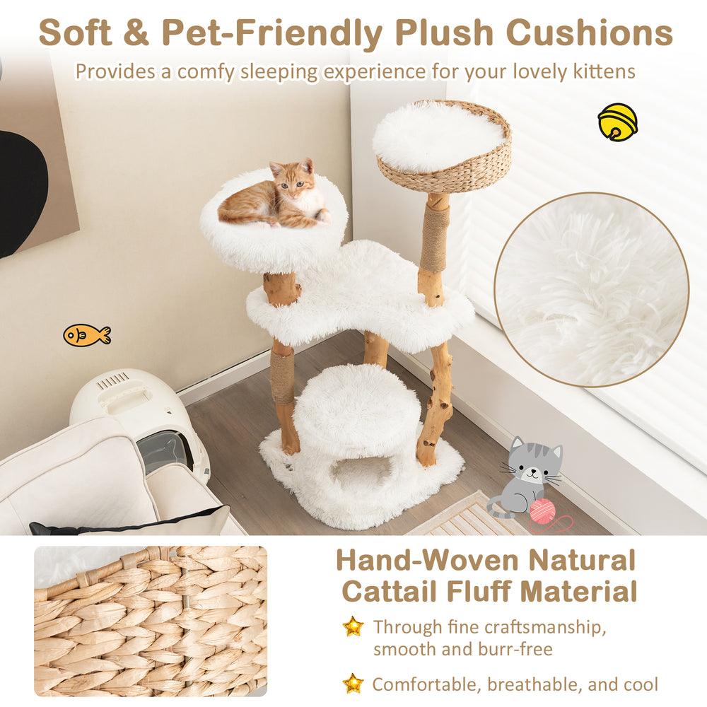 Solid wood cat tower featuring a hand-woven cattail basket bed, plush cushions, and jute rope scratching posts for.