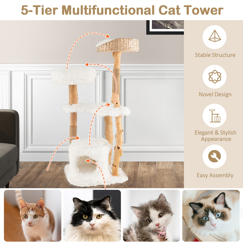 5-tier solid wood cat tower with a hand-woven cattail basket, plush cushions, and jute rope scratching posts for indoor.