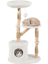Multi-level beige cat tree with real wood branches, cozy bed, and scratching posts for climbing and lounging.