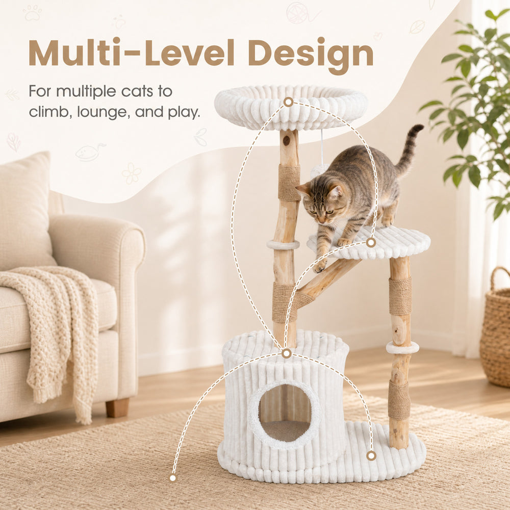 Multi-level solid wood cat tree with real branches, scratching posts, and a cozy bed for climbing and lounging.