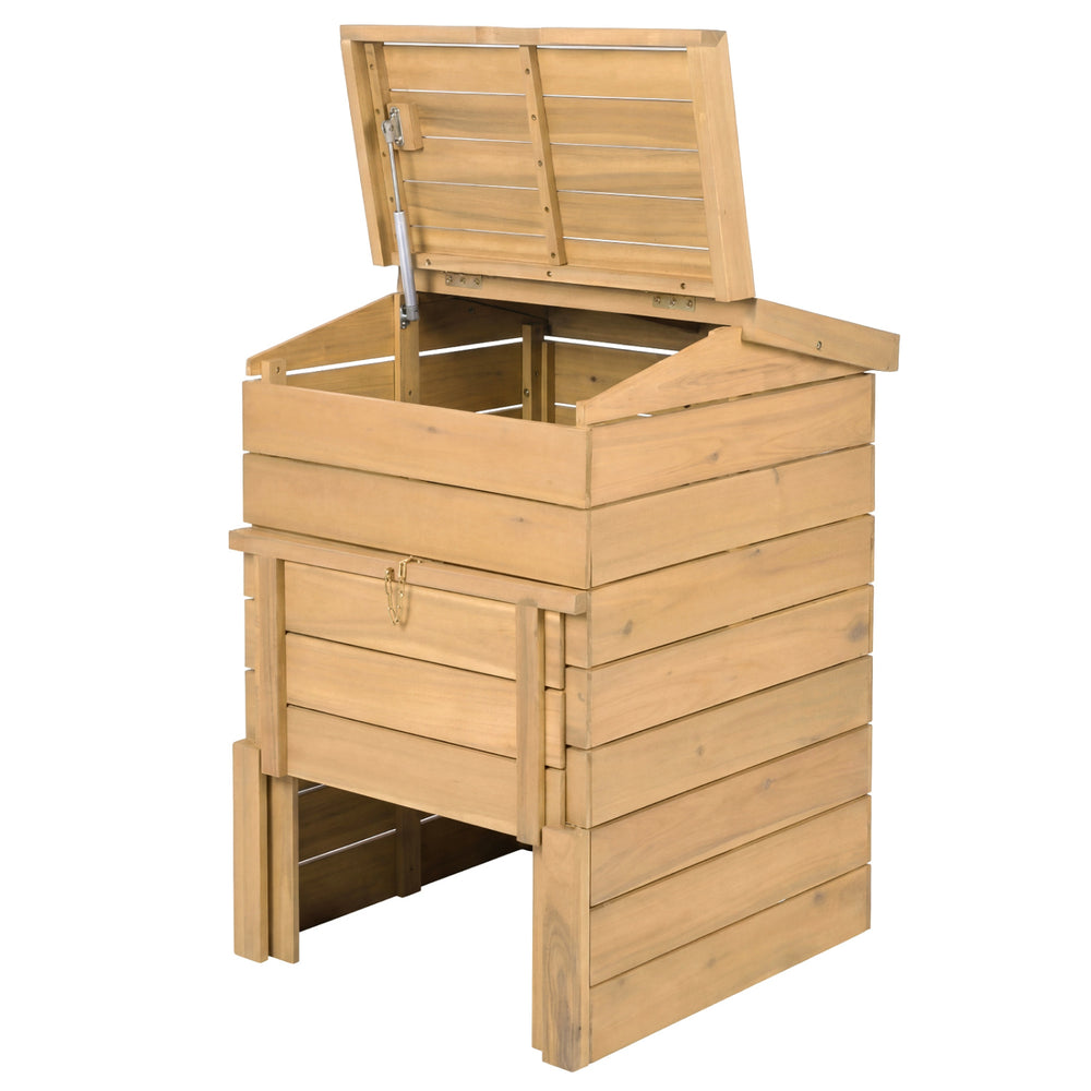 Solid wood compost bin with flip-top opening and lockable sliding door, made from natural acacia wood for garden use.