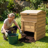 Solid wood compost bin with lockable sliding door, made from acacia wood, ideal for efficient garden composting.