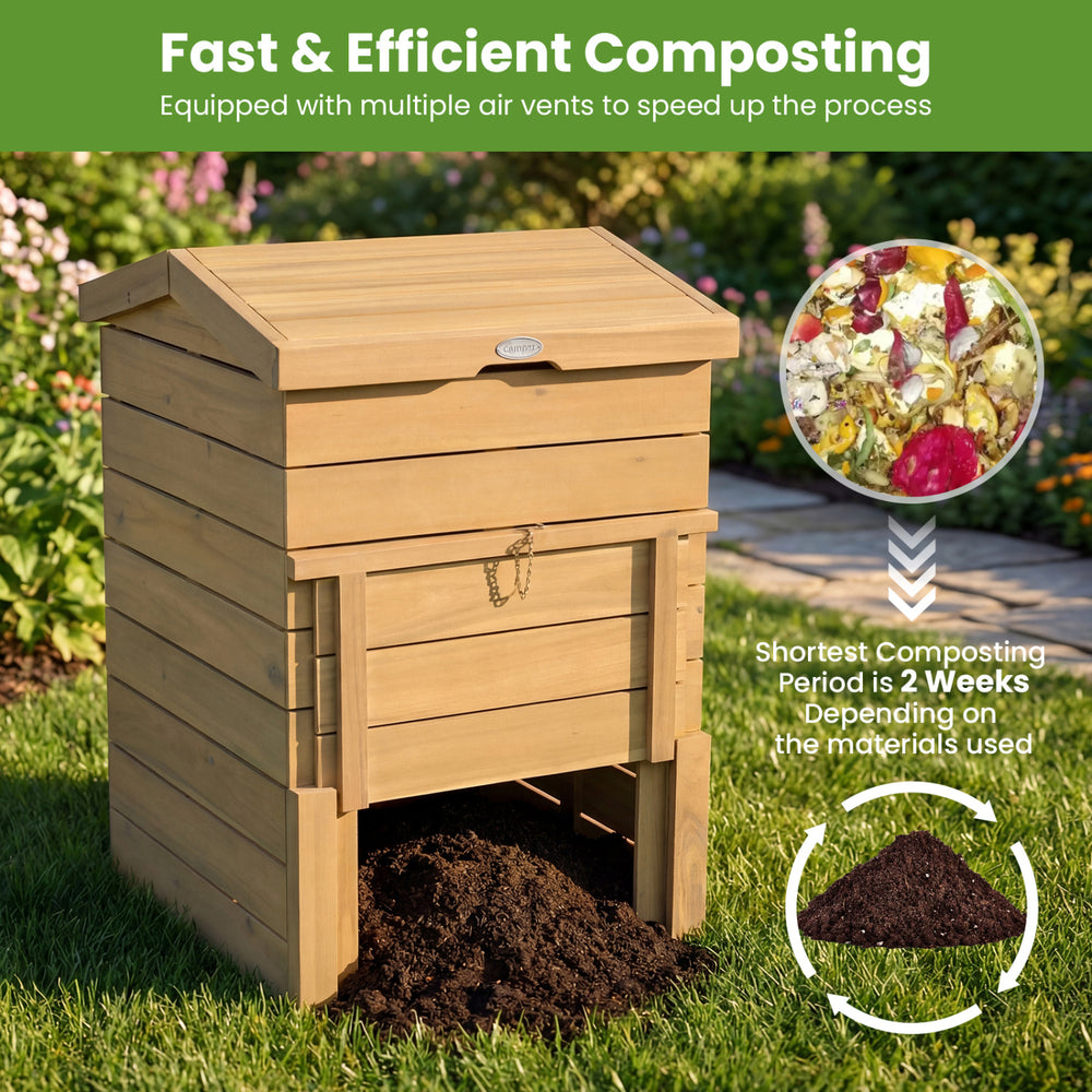 Solid wood compost bin with lockable sliding door and flip-top opening, made from natural acacia wood for efficient.