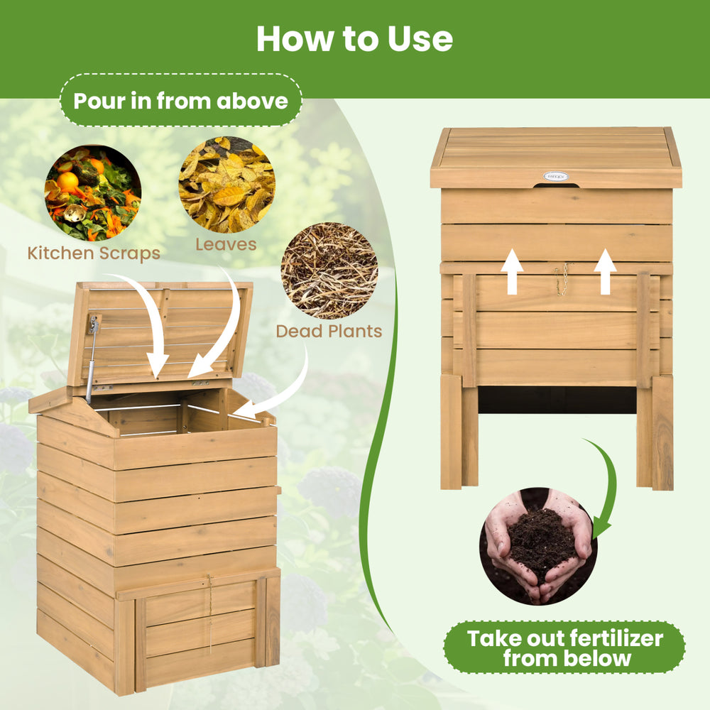 Solid wood compost bin with flip-top opening and sliding door, made from natural acacia wood for efficient gardening.
