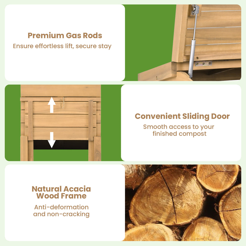 Solid wood compost bin featuring a lockable sliding door and premium gas rods for easy access and secure lifting.
