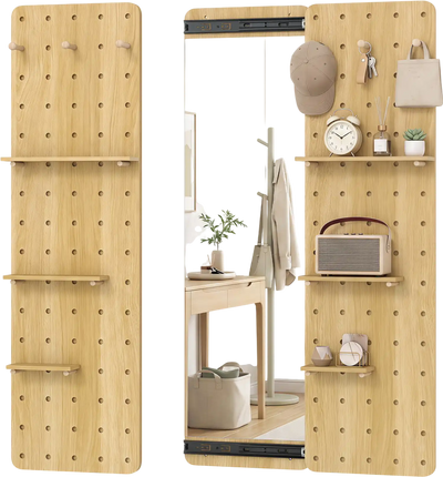 Costway Solid Wood Full Length Wall Mirror with Pegboard Shelves Hooks Entryway 15078716 New