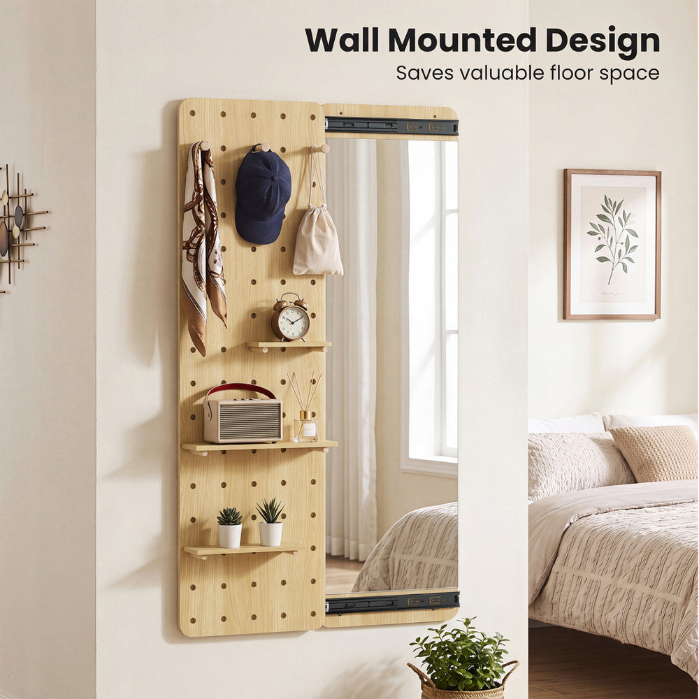 Solid wood full-length mirror with pegboard, shelves, and hooks, designed for wall mounting to save floor space.