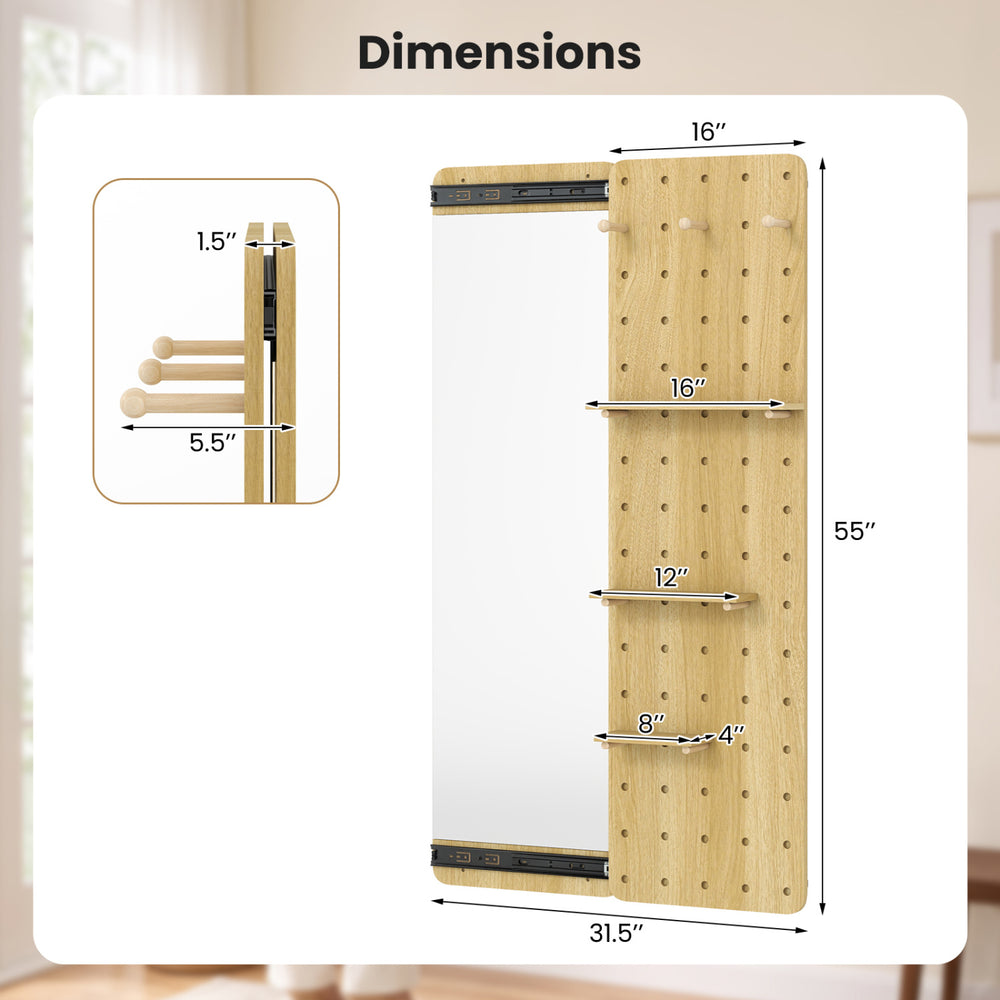 Solid wood full-length mirror with pegboard, shelves, and hooks, ideal for entryway storage and organization.