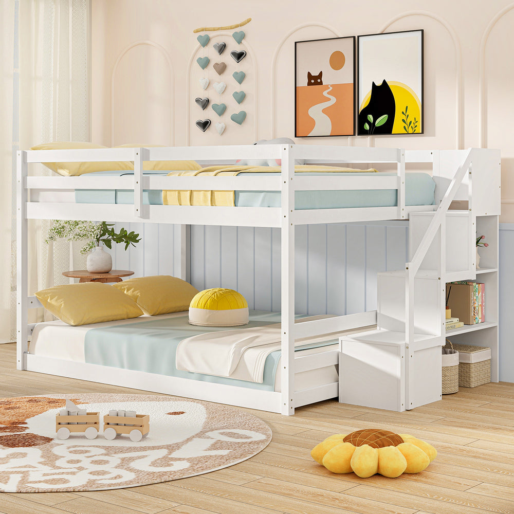 Solid Wood Full Over Full Low Bunk Bed with Storage Stairs-White - Gallery View 1 of 11