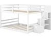 White solid wood full over full low bunk bed with storage stairs and guardrails, ideal for kids' rooms and sleepovers.