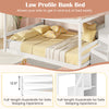 Low profile solid wood full over full bunk bed with storage stairs and full-length guardrails for safe sleeping.