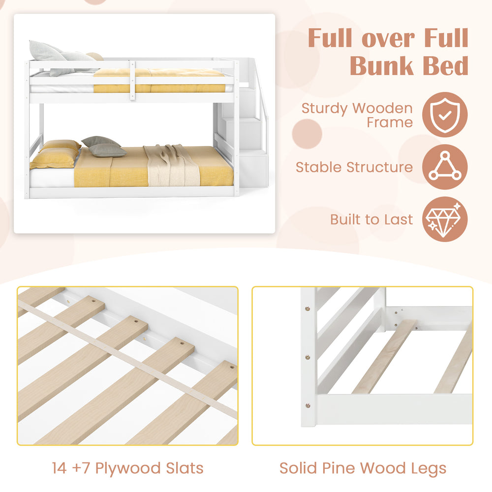 Solid wood full over full bunk bed in white with storage stairs, sturdy pine legs, and 12.5" guardrails for safety.