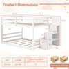 Dimensions of the Solid Wood Full Over Full Low Bunk Bed with Storage Stairs, designed for safety and stability.