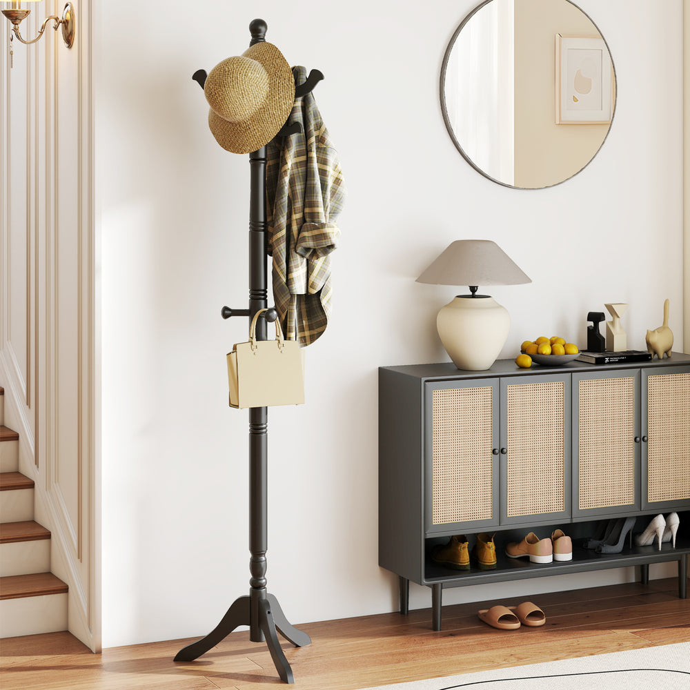 Solid Wood Hall Tree with 11 Hooks and 3 Height Options for Entryway-Black - Gallery View 1 of 11