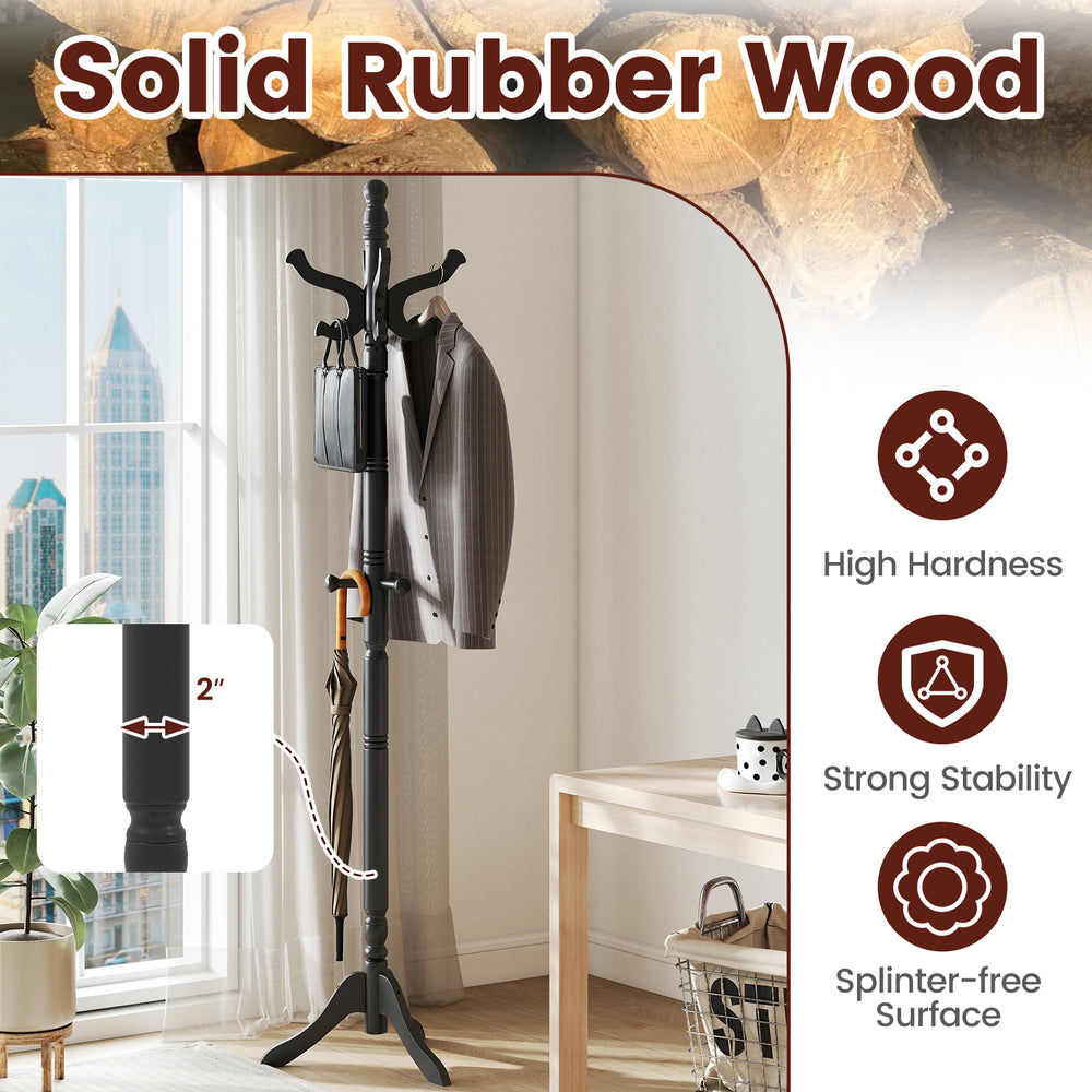 Solid rubber wood hall tree with 11 hooks and 3 height options, designed for stylish and stable entryway organization.