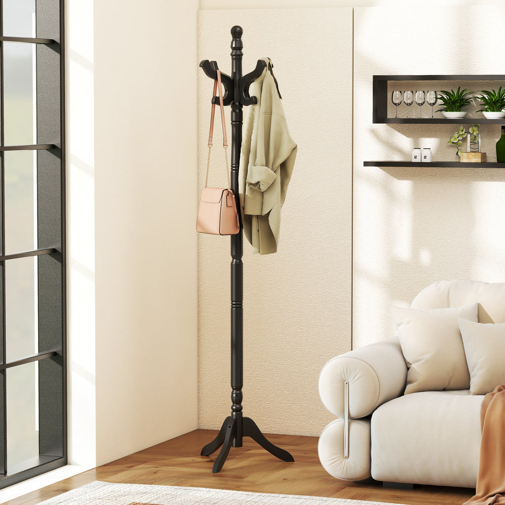 Solid wood hall tree in black with 11 hooks, 3 height options, and a vintage design for stylish entryway organization.