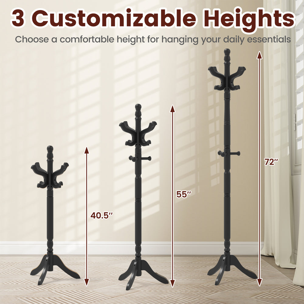 Solid wood hall tree in black with 11 hooks, showcasing 3 customizable heights for versatile entryway use.