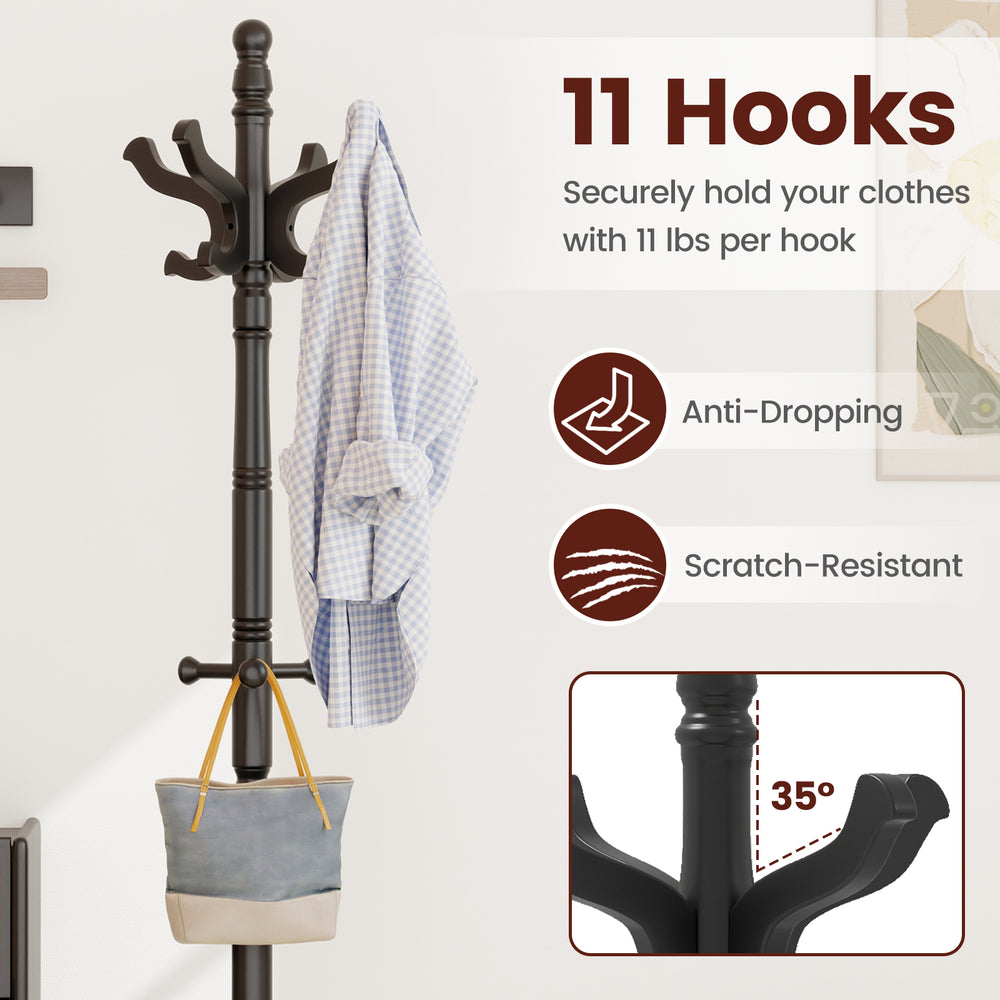 Solid wood hall tree with 11 hooks, 35° angled design, and vintage style for entryway organization and stability.
