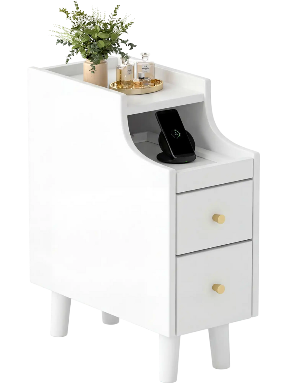 Narrow white solid wood nightstand with pull-out tray and two storage drawers, ideal for bedroom organization.