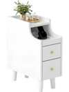 Narrow white solid wood nightstand with pull-out tray and two storage drawers, ideal for bedroom organization.