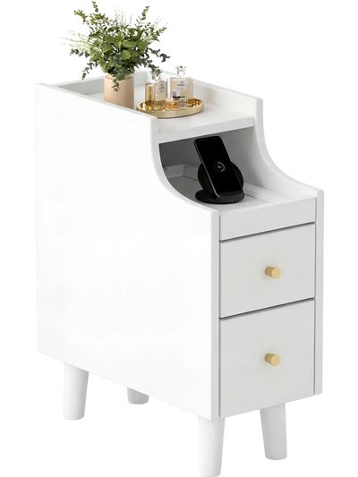 Costway Solid Wood Narrow Nightstand Bedside Side Table w/ Pull-Out Tray & 2 Drawers 428957316 New