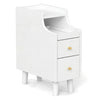 Narrow white solid wood nightstand with pull-out tray and two storage drawers for bedroom organization.