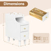 Narrow white solid wood nightstand with two storage drawers and pull-out tray, featuring dimensions and design details.