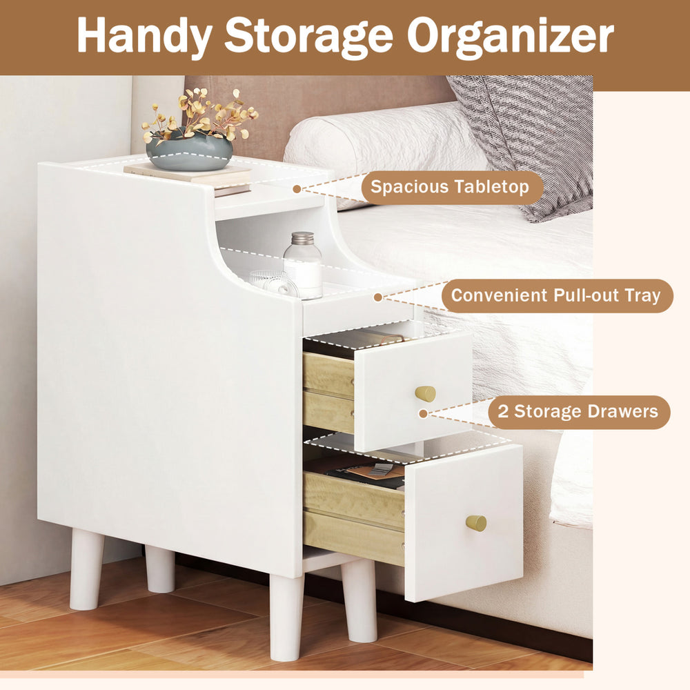 White solid wood nightstand featuring a spacious tabletop, pull-out tray, and two storage drawers for bedside.