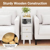 Narrow white solid wood nightstand with two storage drawers and pull-out tray, perfect for bedside use.