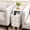 Narrow white solid wood nightstand with pull-out tray and two storage drawers, ideal for bedside use.