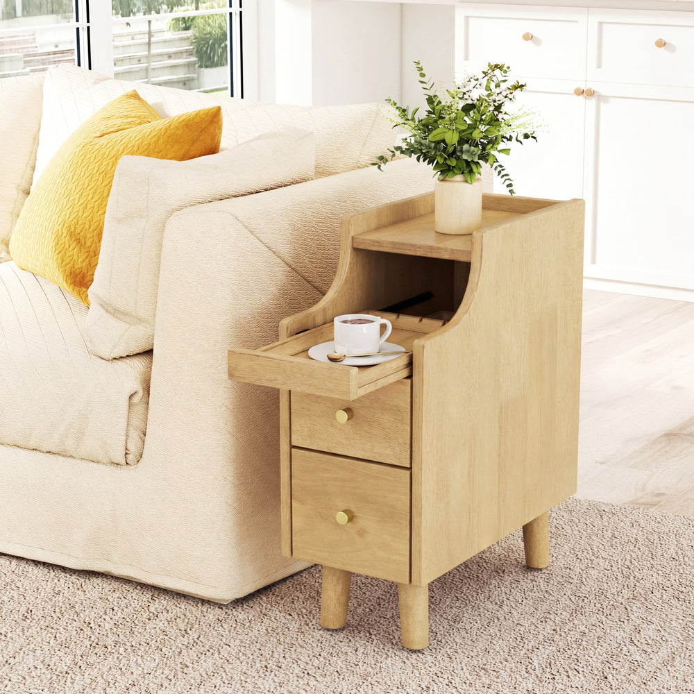Solid Wood Night Side Table Narrow Bedside Table Nightstand with Pull-out Tray and 2 Storage Drawers-Natural - Gallery View 1 of 10