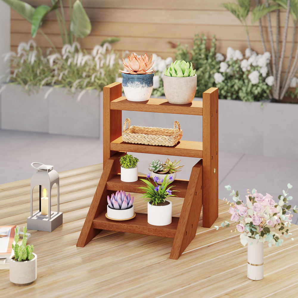Solid wood plant stand with four tiers, featuring a waterproof finish, perfect for displaying potted plants on.