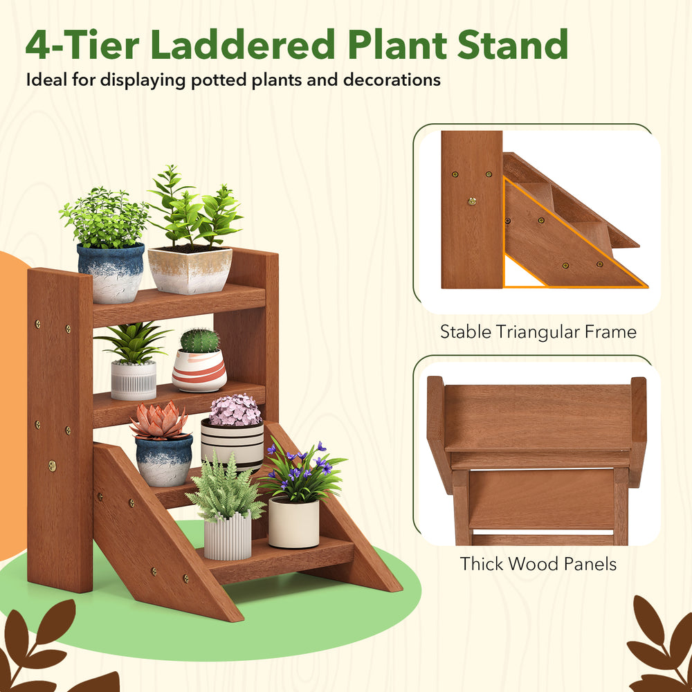 4-tier solid wood plant stand with a stable triangular frame, perfect for displaying potted plants on tabletops.