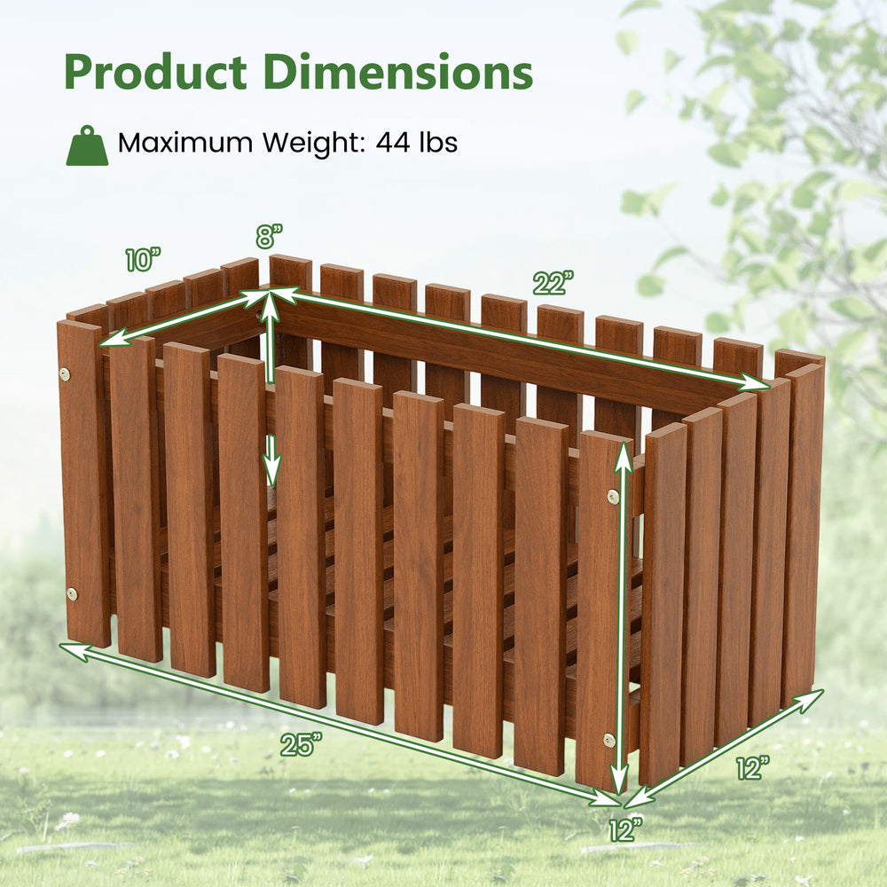 Solid wood raised garden bed dimensions with slat design, waterproof finish, ideal for flowers and vegetables.